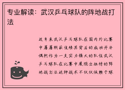 专业解读：武汉乒乓球队的阵地战打法