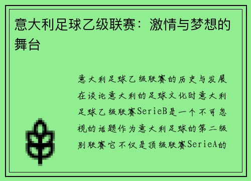 意大利足球乙级联赛：激情与梦想的舞台
