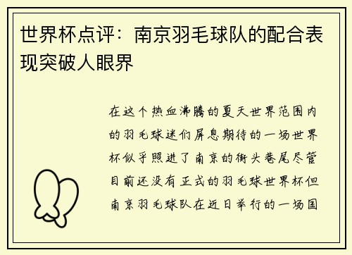 世界杯点评：南京羽毛球队的配合表现突破人眼界