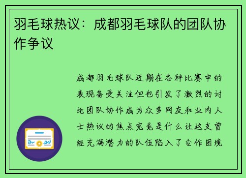 羽毛球热议：成都羽毛球队的团队协作争议