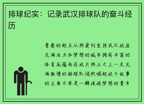 排球纪实：记录武汉排球队的奋斗经历