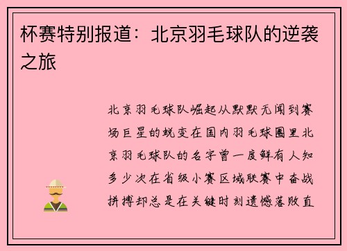杯赛特别报道：北京羽毛球队的逆袭之旅